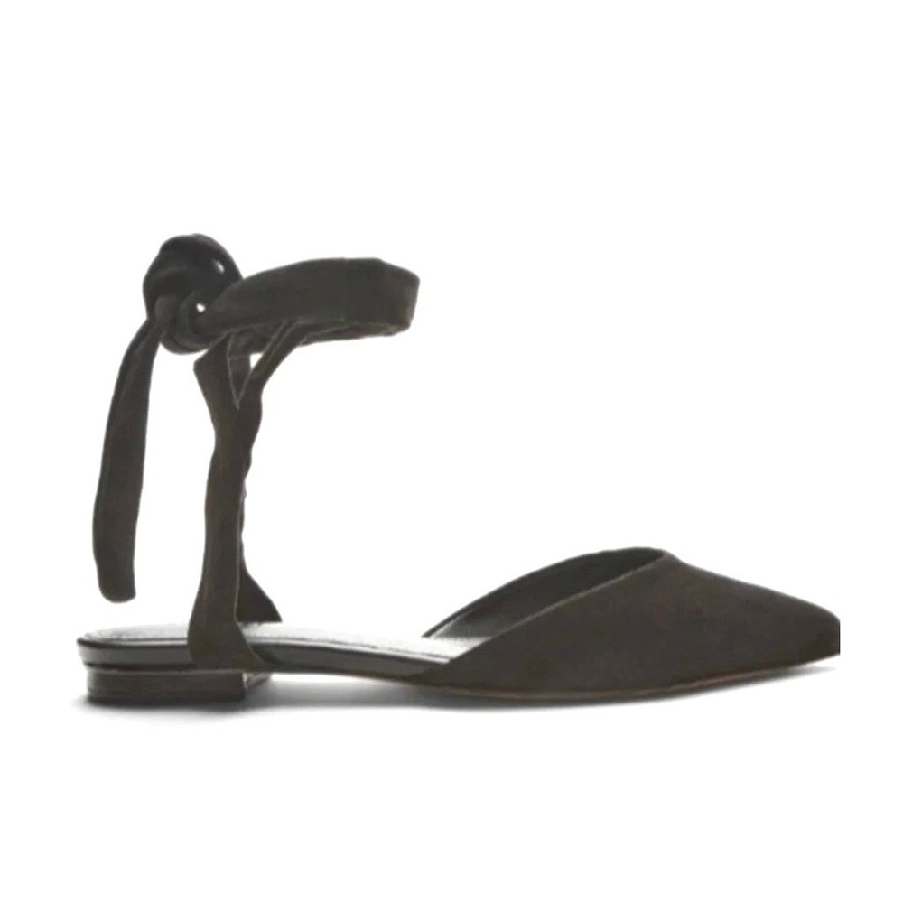 Schutz Barbrah Black Suede Lace Up Ankle Tie Pointed Toe Flats Womens 7.5 NEW